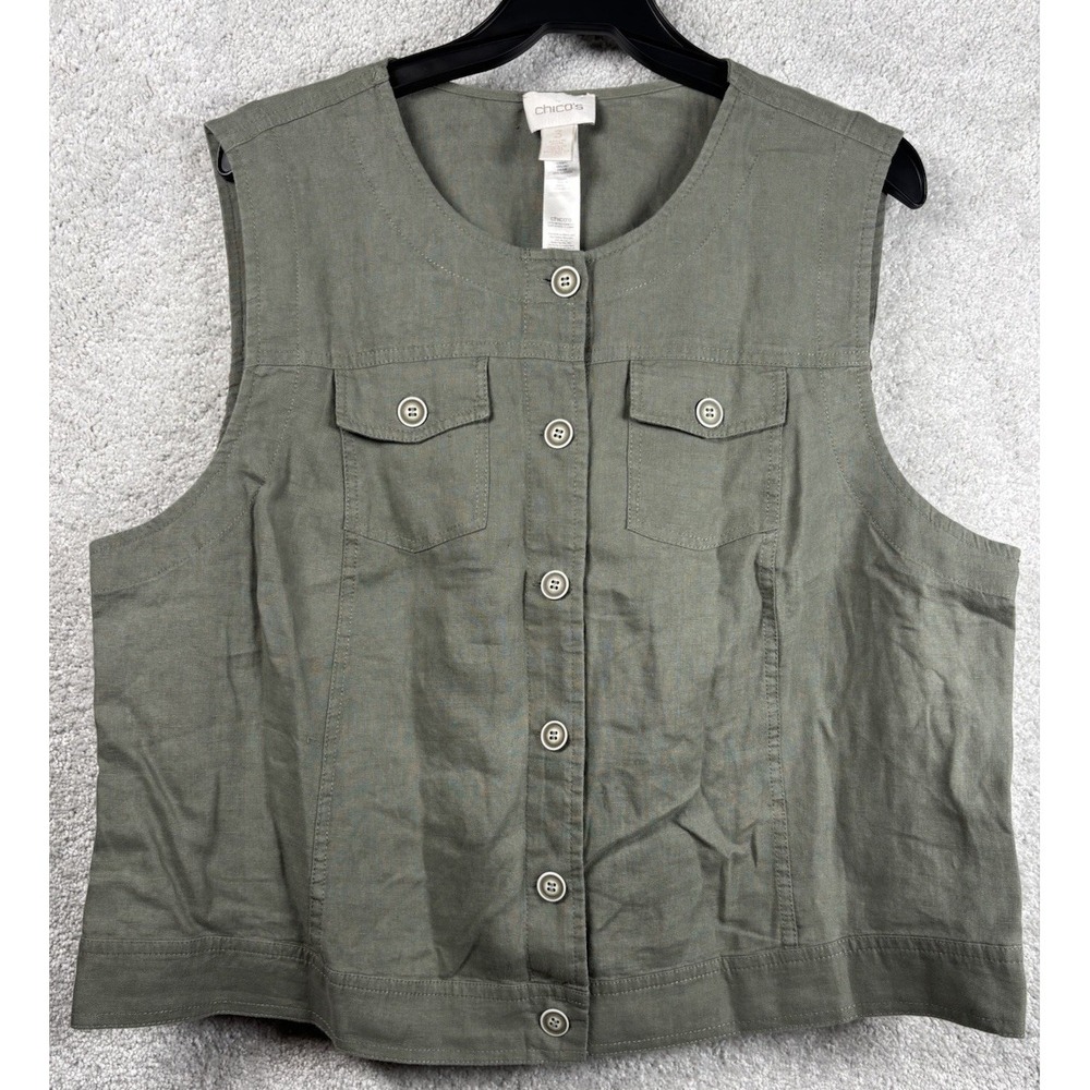Chicos Womens Sleeveless Tank Shirt Top LINEN Olive Green Crocheted Vest XL 3